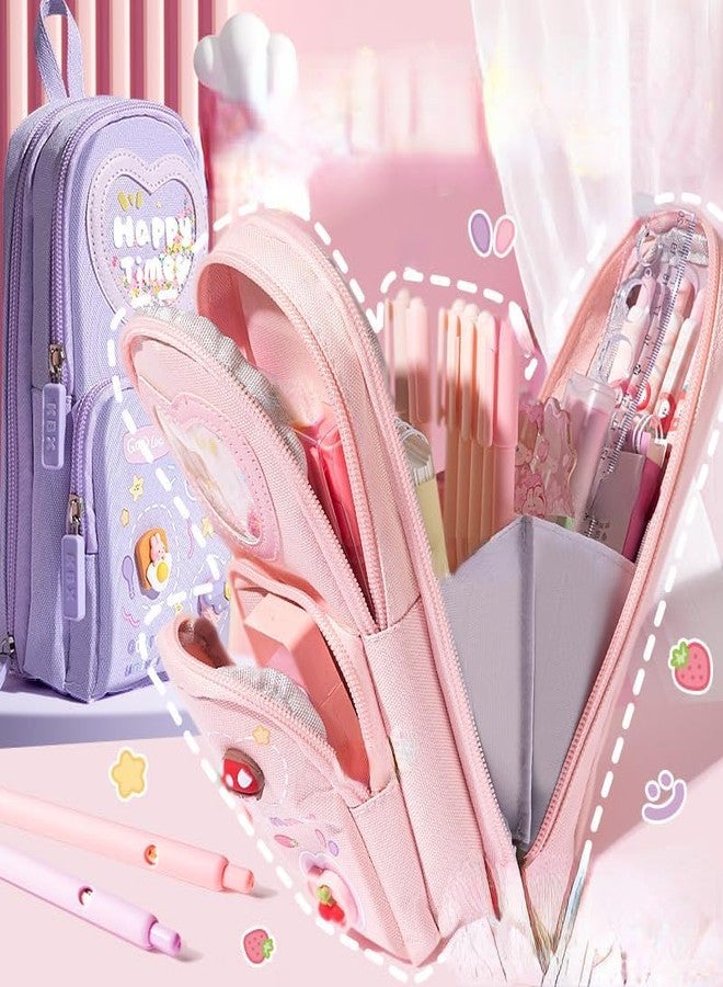 SEMNOX CREATION Pencil Case 3 Compartment Cute Pencil Case Aesthetic Pencil Pouch for Girls Large Capacity Pen Pencil Pouch Multifunctional Stationery Organizer for School Office (Happy Time Pink) - Image 4